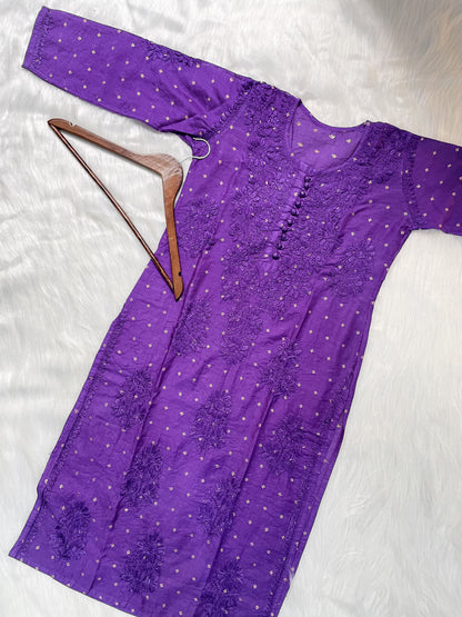 Premium Dyed Chanderi Silk Lucknowi Chikankari Kurti and Palazzo Set for Women