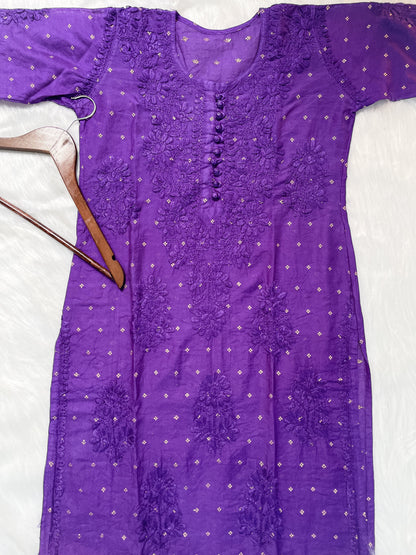 Premium Dyed Chanderi Silk Lucknowi Chikankari Kurti and Palazzo Set for Women