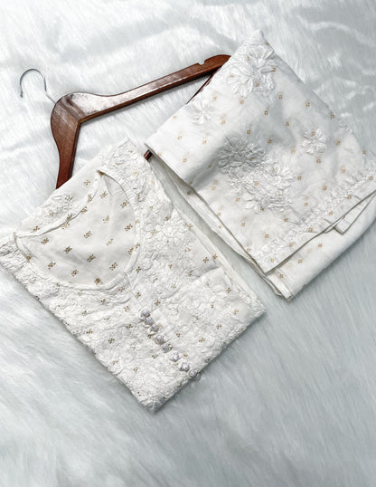 Premium Dyed Chanderi Silk Lucknowi Chikankari Kurti and Palazzo Set for Women