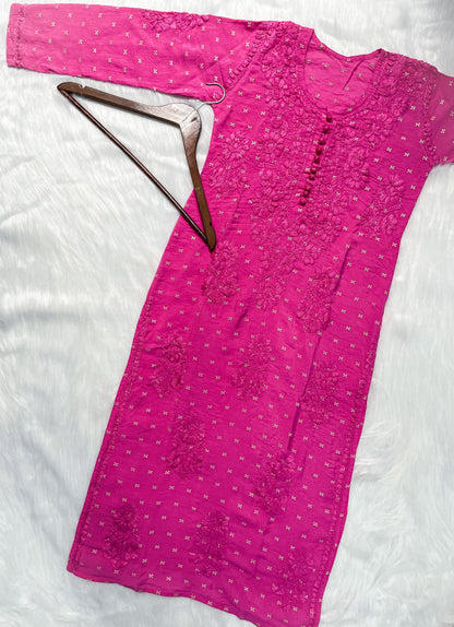 Premium Dyed Chanderi Silk Lucknowi Chikankari Kurti and Palazzo Set for Women