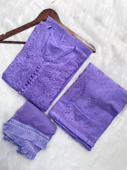 Handcrafted Dyed Lucknowi Chikankari Cotton Kurti, Palazzo & Dupatta Set