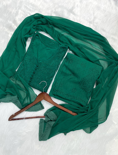 Handcrafted Dyed Lucknowi Chikankari Cotton Kurti, Palazzo & Dupatta Set
