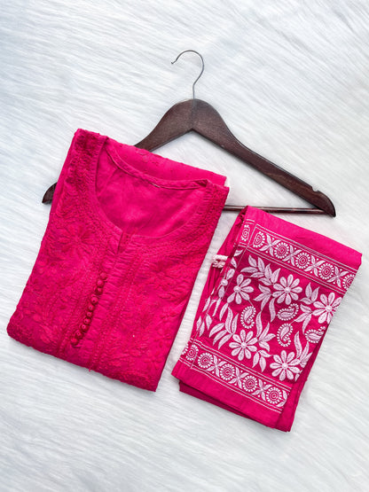 Dyed Cotton Chikankari Kurti & Lycra Pant Set, Pockets Both Side of the Pant