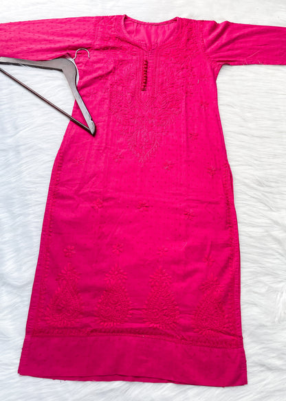 Dyed Cotton Chikankari Kurti & Lycra Pant Set, Pockets Both Side of the Pant