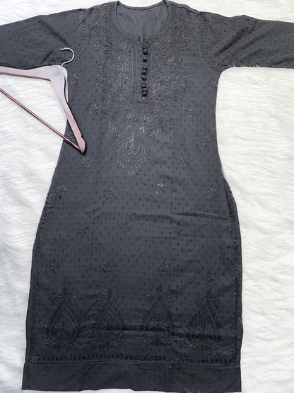 Dyed Cotton Chikankari Kurti & Lycra Pant Set, Pockets Both Side of the Pant