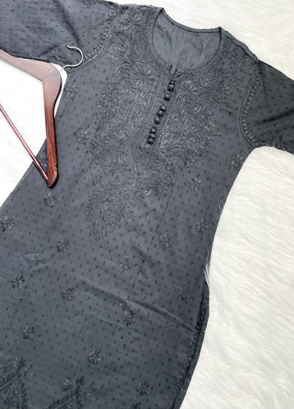 Dyed Cotton Chikankari Kurti & Lycra Pant Set, Pockets Both Side of the Pant