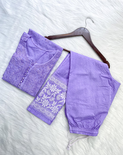 Dyed Cotton Chikankari Kurti & Lycra Pant Set, Pockets Both Side of the Pant