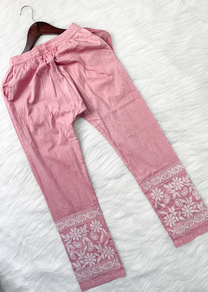 Dyed Cotton Chikankari Kurti & Lycra Pant Set, Pockets Both Side of the Pant