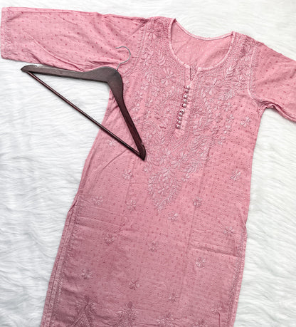 Dyed Cotton Chikankari Kurti & Lycra Pant Set, Pockets Both Side of the Pant