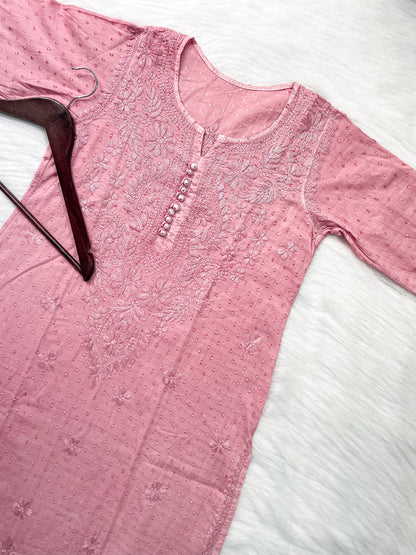 Dyed Cotton Chikankari Kurti & Lycra Pant Set, Pockets Both Side of the Pant
