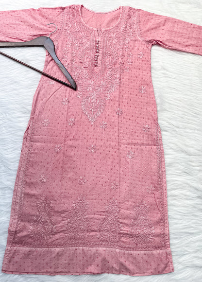 Dyed Cotton Chikankari Kurti & Lycra Pant Set, Pockets Both Side of the Pant