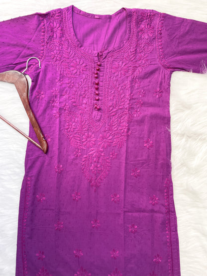 Dyed Cotton Chikankari Kurti & Lycra Pant Set, Pockets Both Side of the Pant