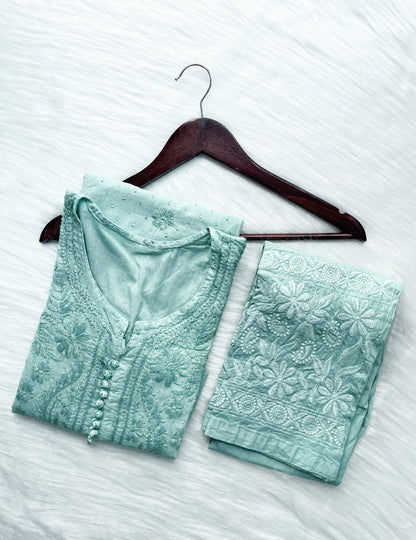Dyed Cotton Chikankari Kurti & Lycra Pant Set, Pockets Both Side of the Pant