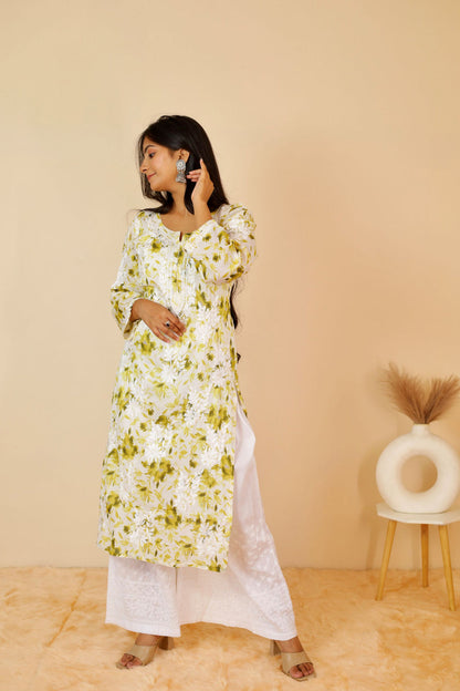 Women's Super Comfy Pure Mulmul Floral Print Lucknowi Chikankari Straight Long Kurti