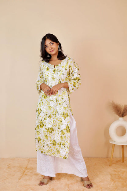 Women's Super Comfy Pure Mulmul Floral Print Lucknowi Chikankari Straight Long Kurti