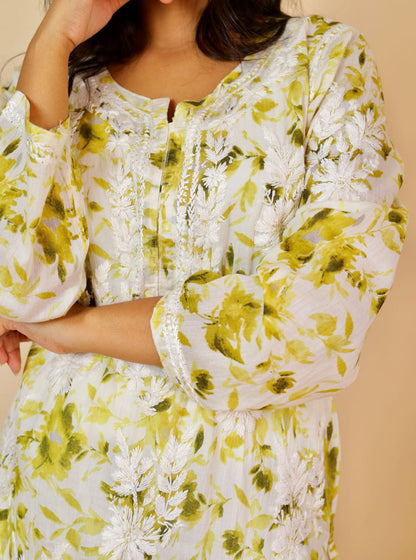 Women's Super Comfy Pure Mulmul Floral Print Lucknowi Chikankari Straight Long Kurti
