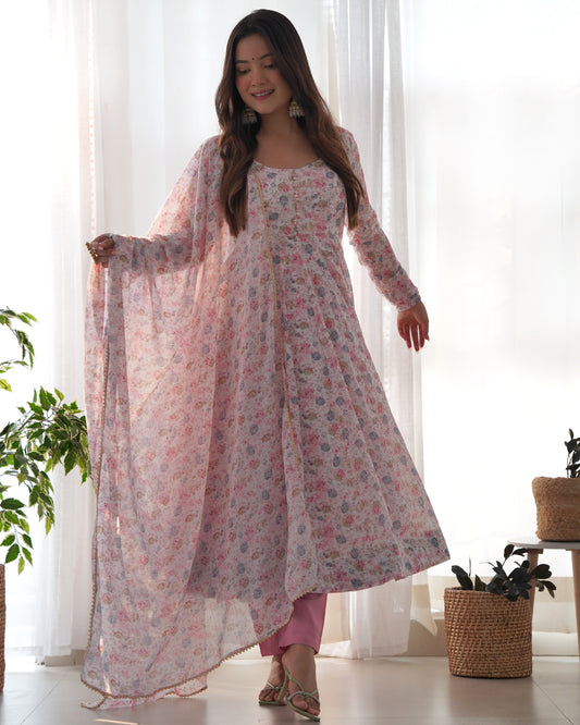*PURE ORANGE CHIFFON FLORAL PRINT FABRIC FULLY FLAIR ANARKALI,WITH DUPPTA SET,PENT READY TO WEAR*