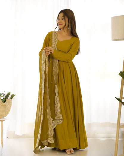Mustard Chanderi Silk Anarkali Gown With Pant & Dupatta Set