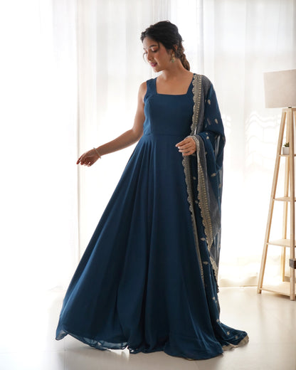 Rama Blue Anarkali Georgette Gown With Golden Dupatta Set
