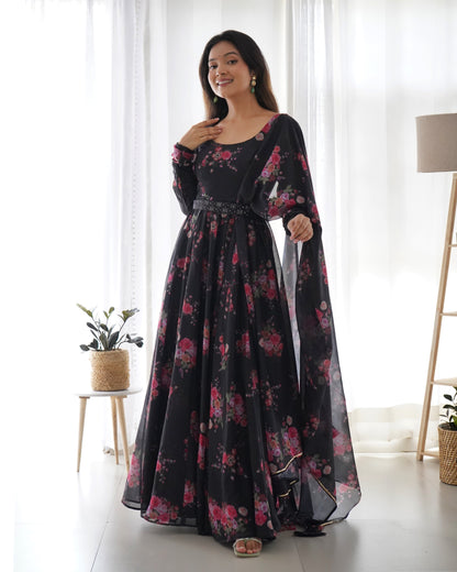 Black Organza Printed Anarkali Kurti With Pant & Dupatta Set