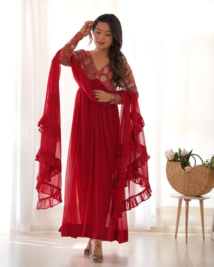 Red Designer Anarkali Gown With Pant & Dupatta Set
