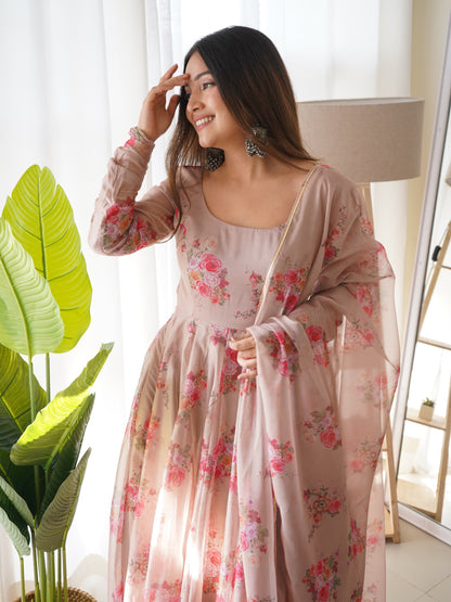 Beige Organza Printed Anarkali Gown With Pant & Dupatta Set