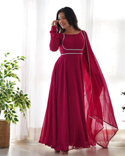 Hot Pink Georgette Anarkali Kurti With Pant Dupatta Set