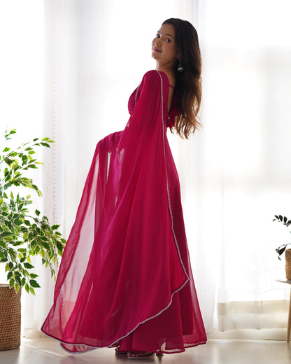 Hot Pink Georgette Anarkali Kurti With Pant Dupatta Set