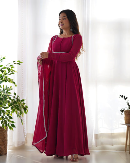Hot Pink Georgette Anarkali Kurti With Pant Dupatta Set