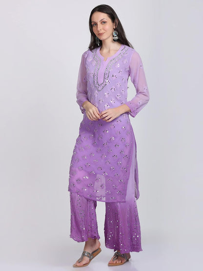 Chiffon Georgette Dyed Real Pasted Mirror Work Kurti, Sharara & Dupatta Set With Free Matching Cotton Inner