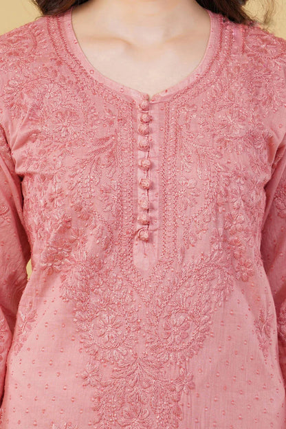 Dyed Cotton Chikankari Kurti & Lycra Pant Set, Pockets Both Side of the Pant