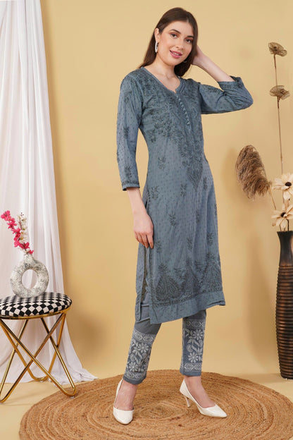 Dyed Cotton Chikankari Kurti & Lycra Pant Set, Pockets Both Side of the Pant