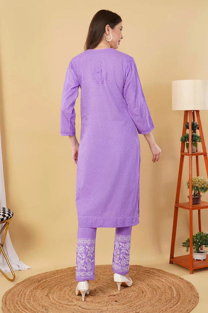 Dyed Cotton Chikankari Kurti & Lycra Pant Set, Pockets Both Side of the Pant