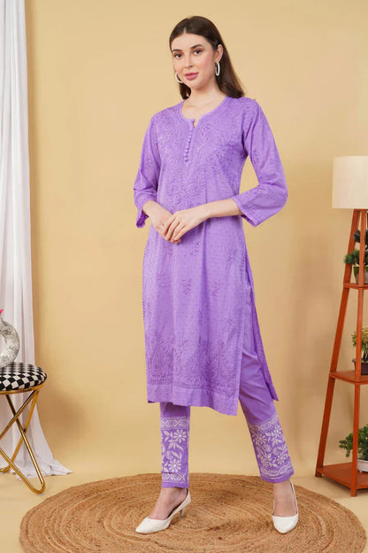 Dyed Cotton Chikankari Kurti & Lycra Pant Set, Pockets Both Side of the Pant