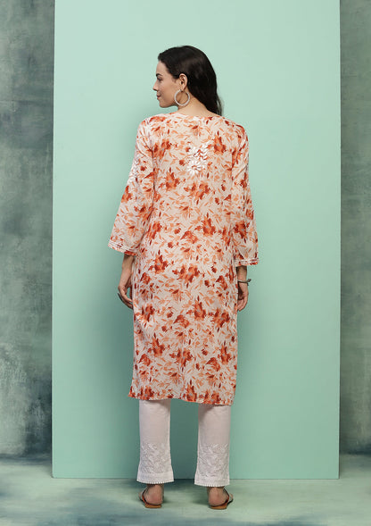 Women's Super Comfy Pure Mulmul Floral Print Lucknowi Chikankari Straight Long Kurti