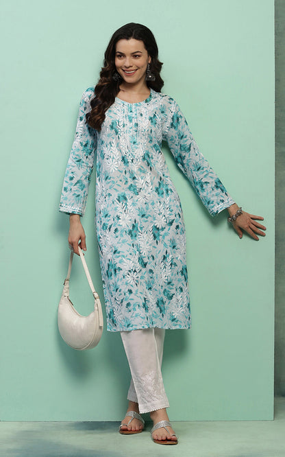 Women's Super Comfy Pure Mulmul Floral Print Lucknowi Chikankari Straight Long Kurti