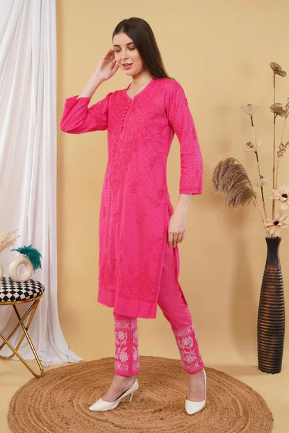 Dyed Cotton Chikankari Kurti & Lycra Pant Set, Pockets Both Side of the Pant