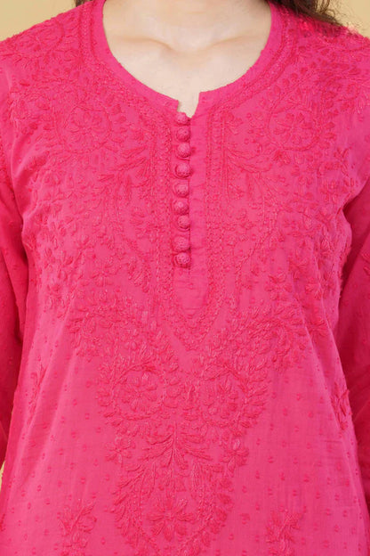 Dyed Cotton Chikankari Kurti & Lycra Pant Set, Pockets Both Side of the Pant