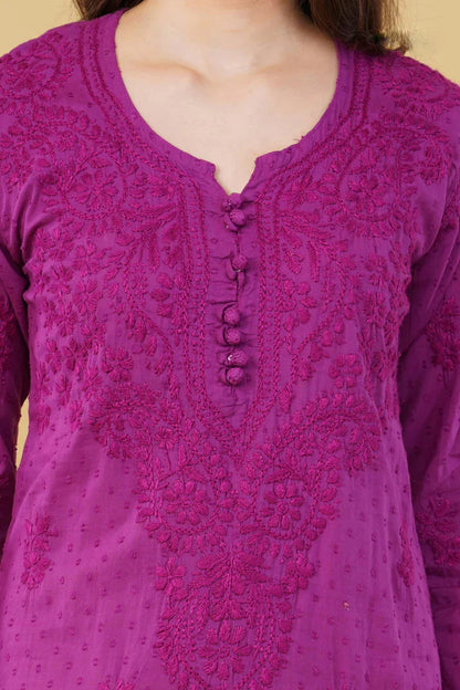 Dyed Cotton Chikankari Kurti & Lycra Pant Set, Pockets Both Side of the Pant