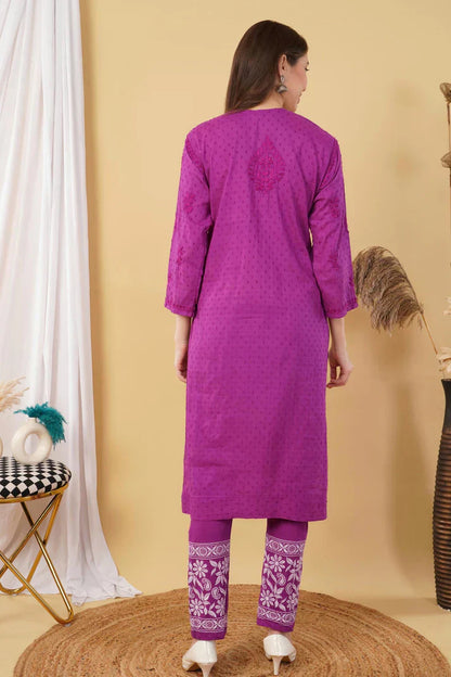 Dyed Cotton Chikankari Kurti & Lycra Pant Set, Pockets Both Side of the Pant