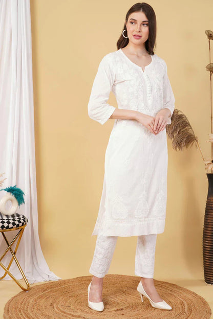 Dyed Cotton Chikankari Kurti & Lycra Pant Set, Pockets Both Side of the Pant
