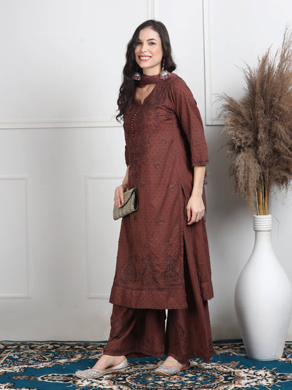 Women’s Dyed Lucknowi Chikankari Cotton Kurti, Palazzo & Dupatta Set