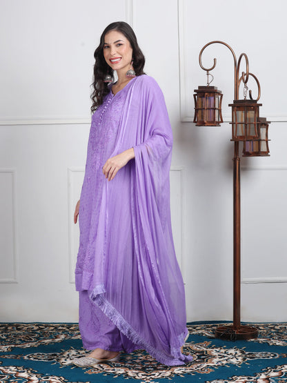 Women’s Dyed Lucknowi Chikankari Cotton Kurti, Palazzo & Dupatta Set