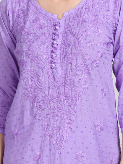 Women’s Dyed Lucknowi Chikankari Cotton Kurti, Palazzo & Dupatta Set