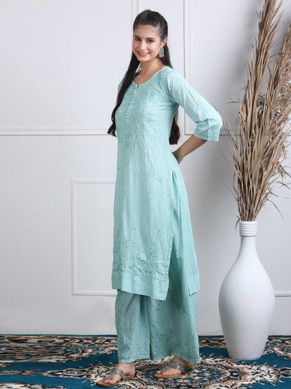 Women’s Dyed Lucknowi Chikankari Cotton Kurti, Palazzo & Dupatta Set