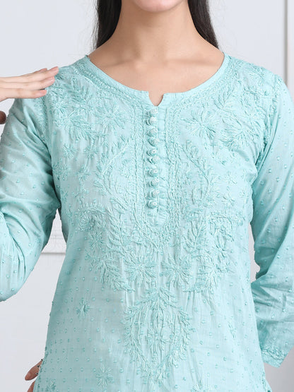 Women’s Dyed Lucknowi Chikankari Cotton Kurti, Palazzo & Dupatta Set