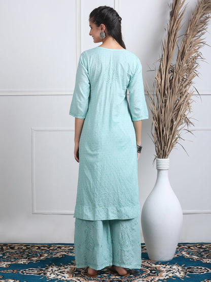 Women’s Dyed Lucknowi Chikankari Cotton Kurti, Palazzo & Dupatta Set