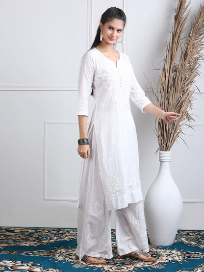 Women’s Dyed Lucknowi Chikankari Cotton Kurti, Palazzo & Dupatta Set