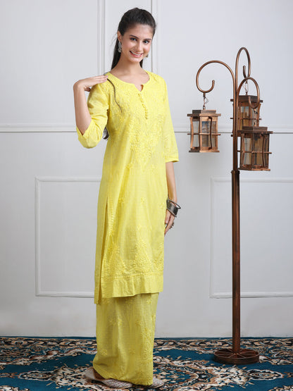 Women’s Dyed Lucknowi Chikankari Cotton Kurti, Palazzo & Dupatta Set