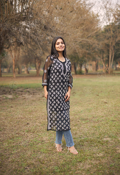 Georgette Chikankari Straight Kurti With Real Pasted Mirror Work & Matching Cotton Inner